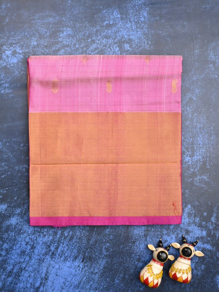 Uppada pattu saree baby pink color allover zari motifs & long kaddi border with contrast pallu and contrast blouse