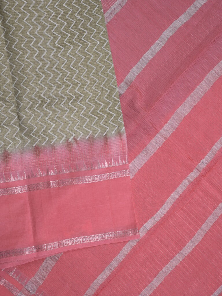 Mangalagiri fancy saree grey color allover stripes & zari border with striped pallu and printed blouse