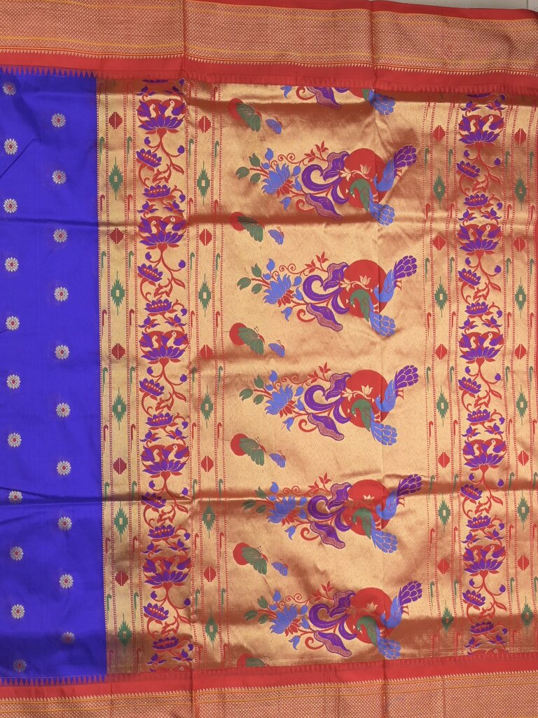 Narayanpet pattu saree allover zari motifs with paithani pallu and contrast blouse
