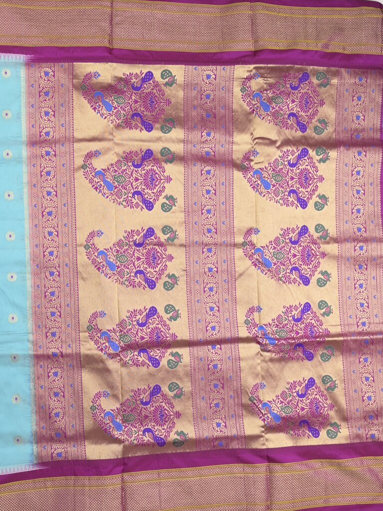 Narayanpet pattu saree allover zari motifs with paithani pallu and contrast blouse