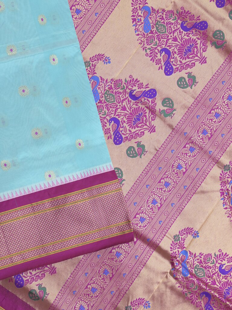 Narayanpet pattu saree allover zari motifs with paithani pallu and contrast blouse