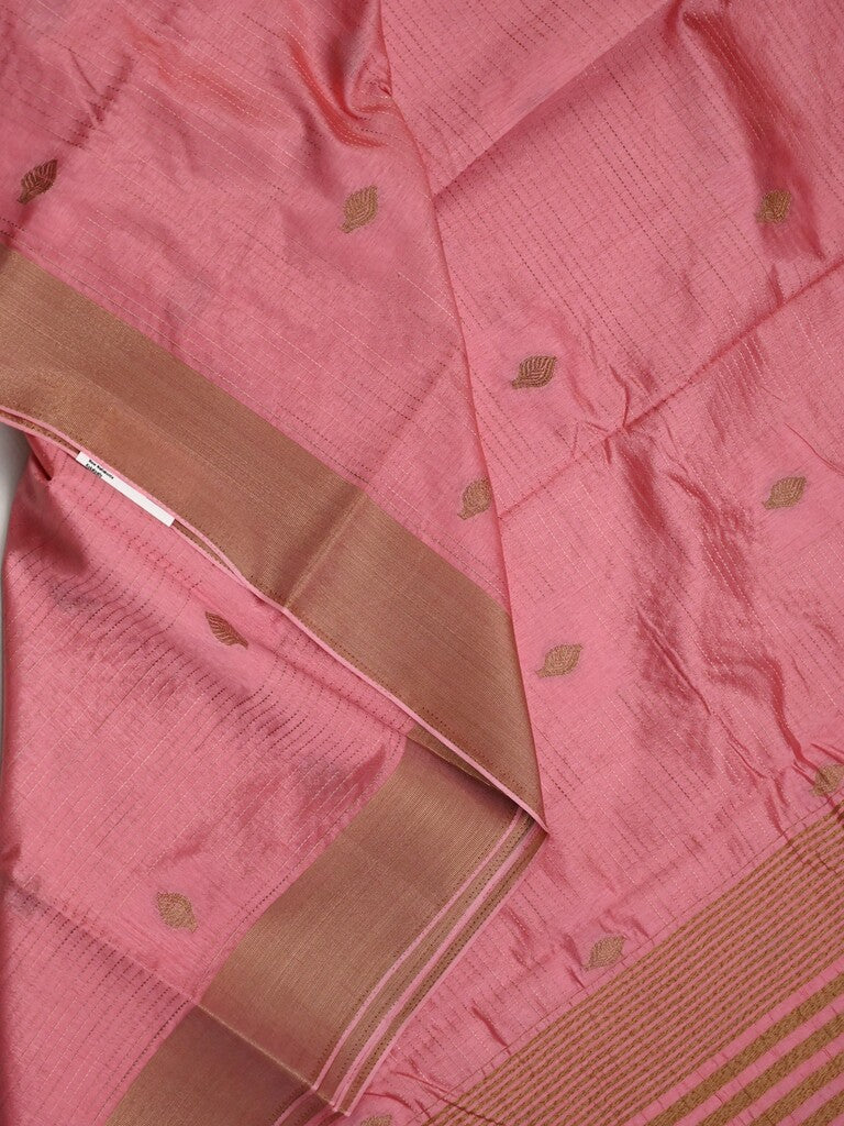 Dupion fancy saree baby pink color allover zari motifs & zari border with zari pallu and plain blouse