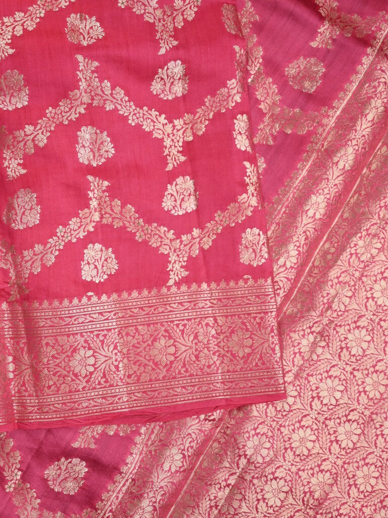 Raw mango pattu saree pink color allover zari weaves & zari border with zari pallu and plain blouse