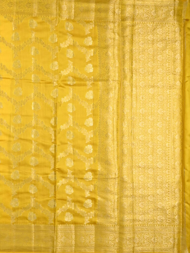 Raw mango pattu saree bright yellow color allover zari weaves & zari border with zari pallu and plain blouse