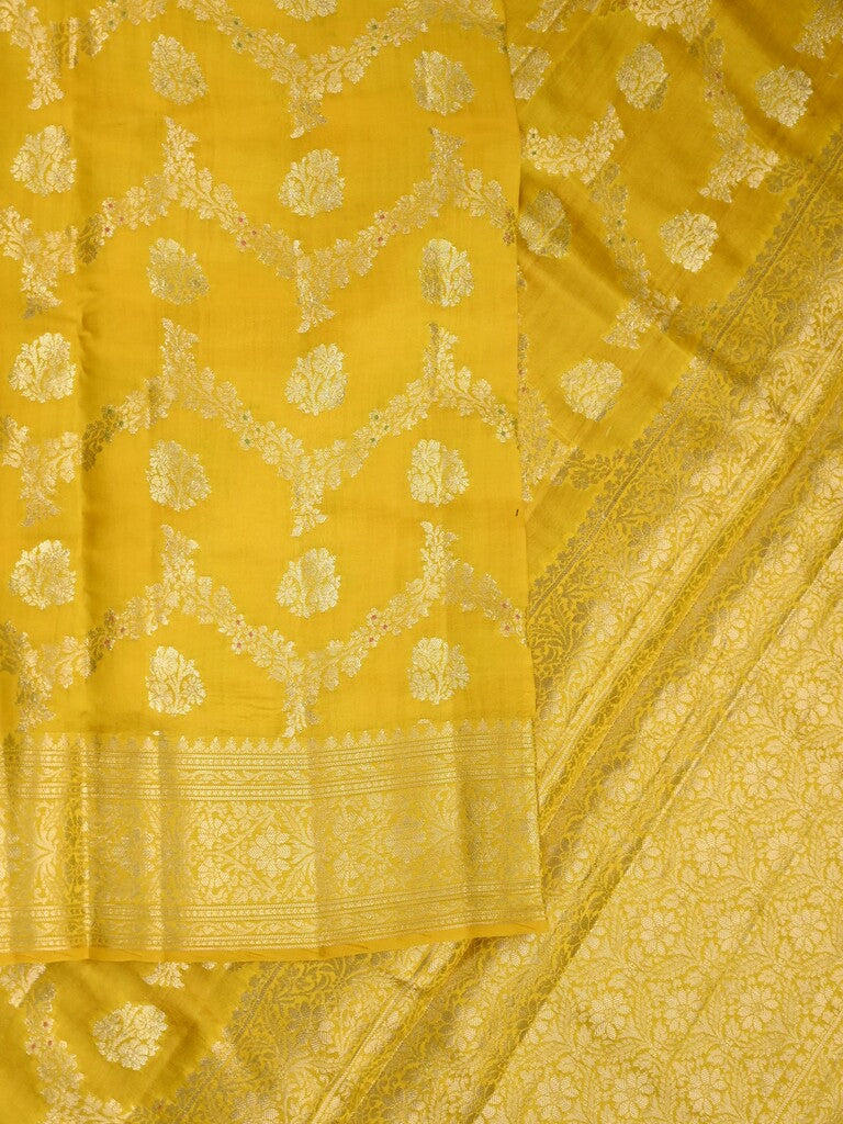 Raw mango pattu saree bright yellow color allover zari weaves & zari border with zari pallu and plain blouse