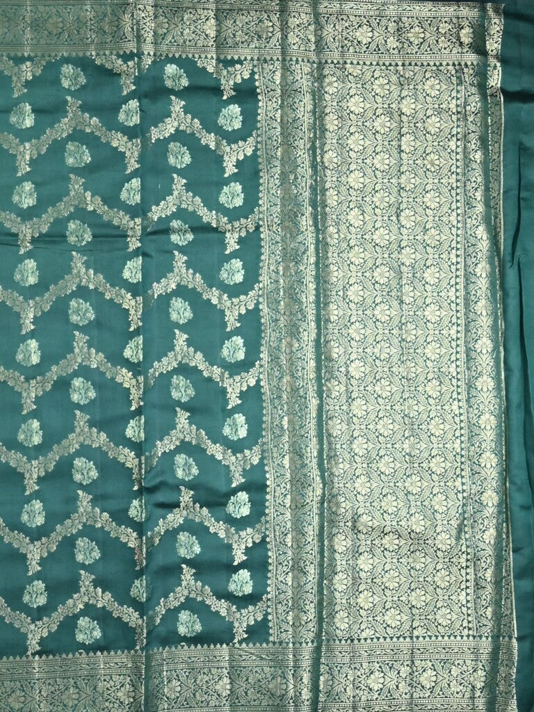 Raw mango pattu saree peacock green color allover zari weaves & zari border with zari pallu and plain blouse