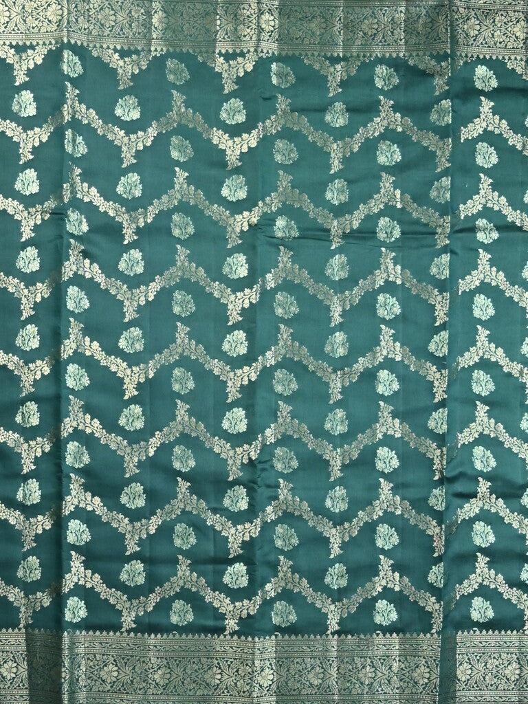 Raw mango pattu saree peacock green color allover zari weaves & zari border with zari pallu and plain blouse
