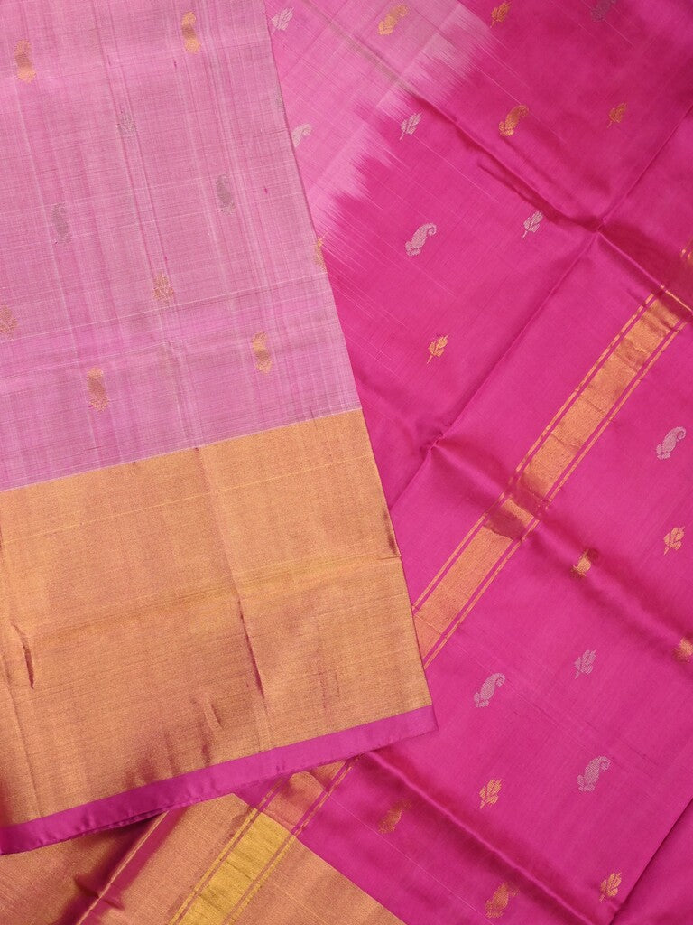 Uppada pattu saree baby pink color allover zari motifs & long kaddi border with contrast pallu and contrast blouse