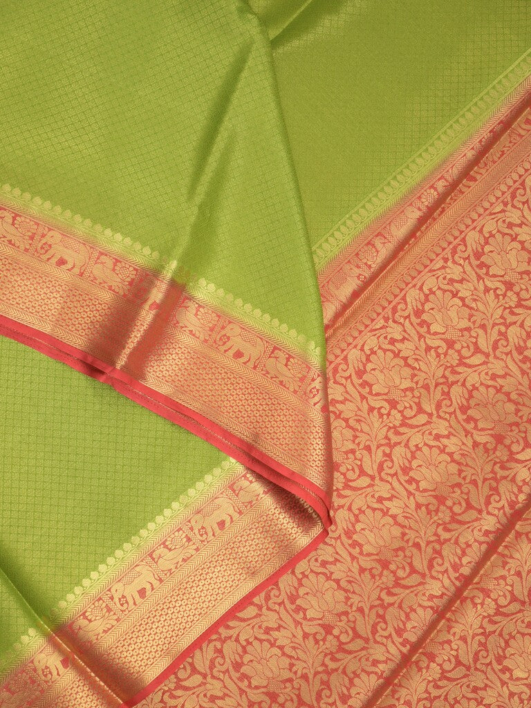 Georgette fancy saree parrot green color allover weaves & zari border with rich pallu and plain blouse