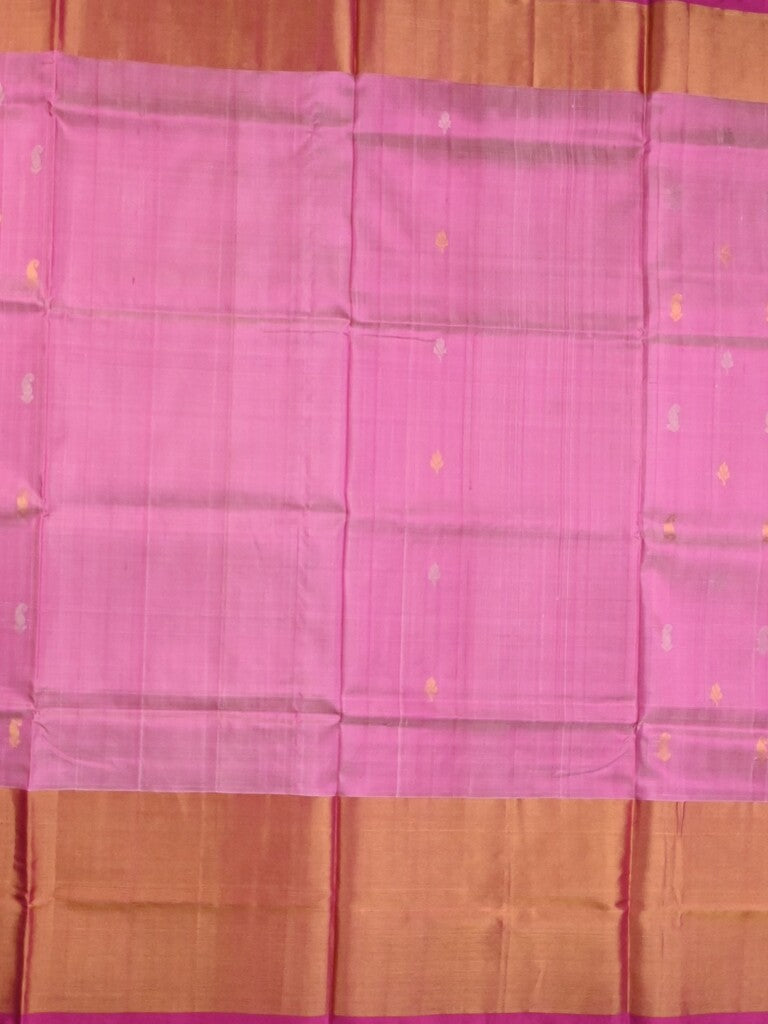 Uppada pattu saree baby pink color allover zari motifs & long kaddi border with contrast pallu and contrast blouse