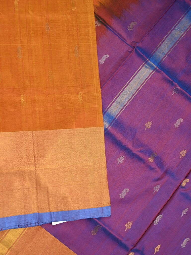 Uppada pattu saree orange color allover zari motifs & long kaddi border with contrast pallu and contrast blouse