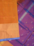 Uppada pattu saree orange color allover zari motifs & long kaddi border with contrast pallu and contrast blouse