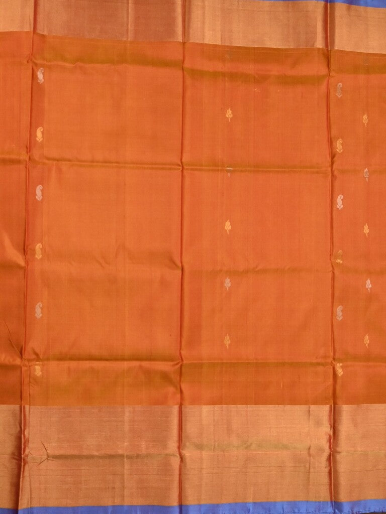 Uppada pattu saree orange color allover zari motifs & long kaddi border with contrast pallu and contrast blouse