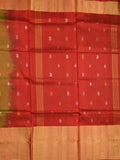 Uppada pattu saree olive green color allover zari motifs & long kaddi border with contrast pallu and contrast blouse