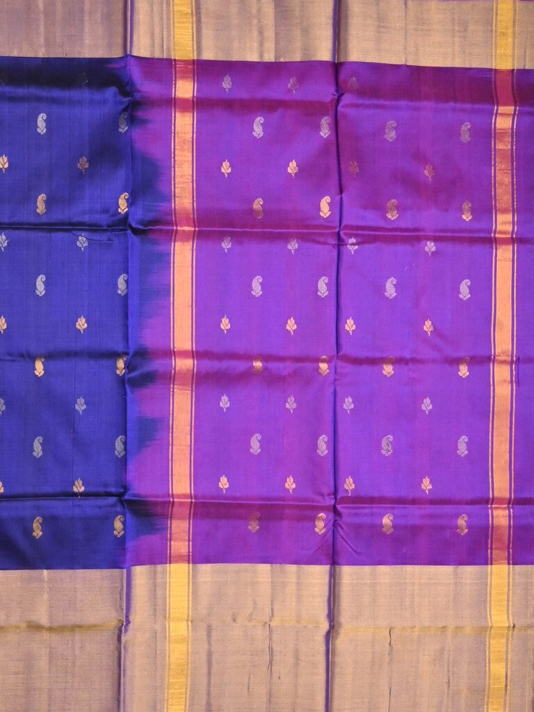 Uppada pattu saree royal blue color allover zari motifs & long kaddi border with contrast pallu and contrast blouse