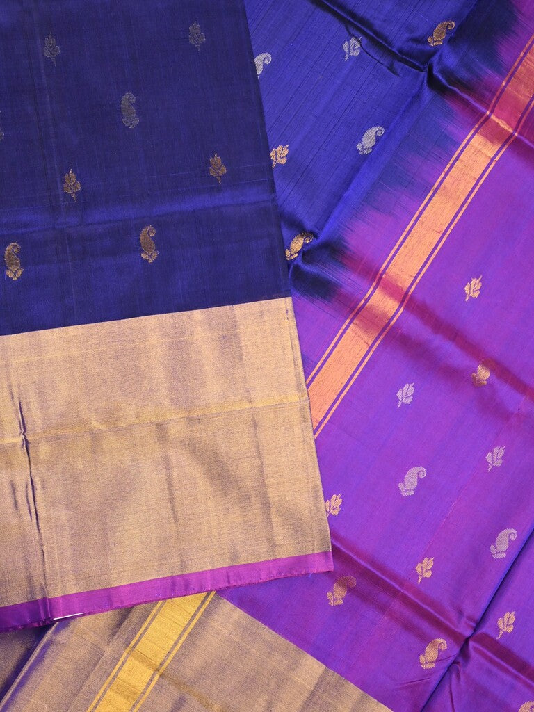 Uppada pattu saree royal blue color allover zari motifs & long kaddi border with contrast pallu and contrast blouse