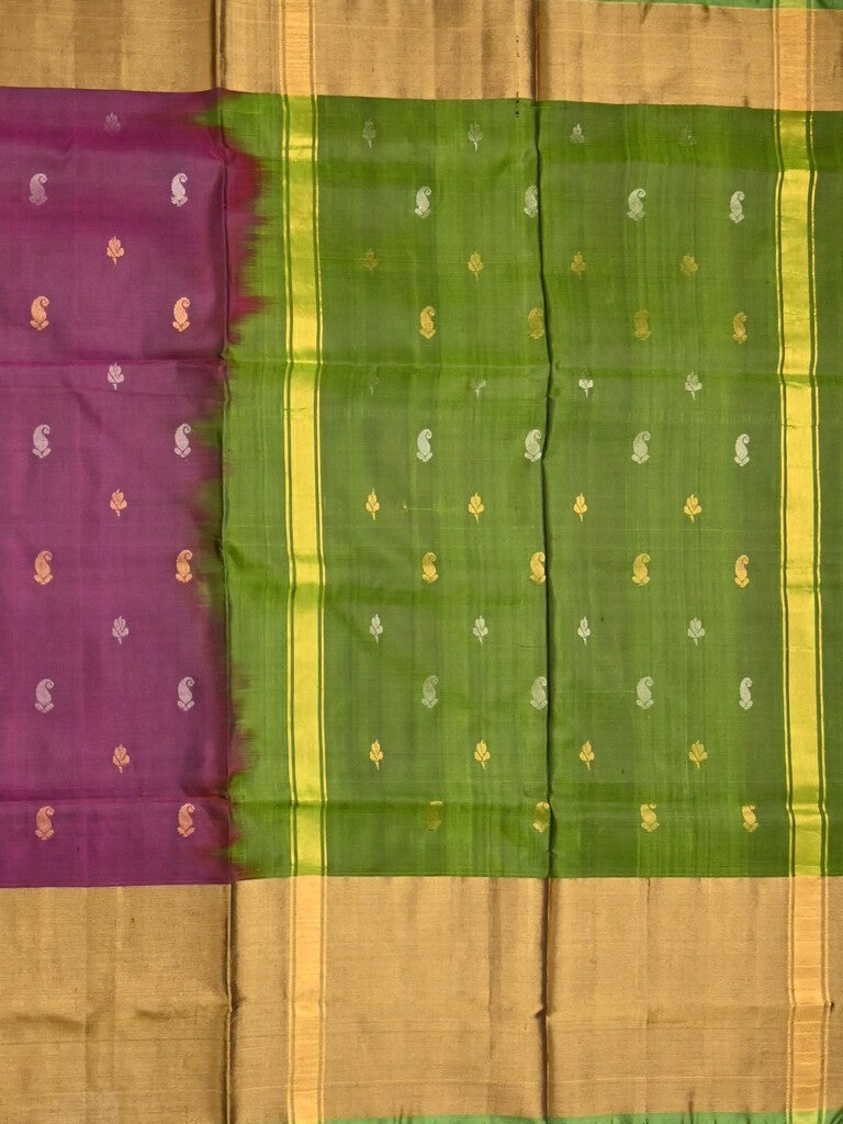 Uppada pattu saree wine color allover zari motifs & long kaddi border with contrast pallu and contrast blouse