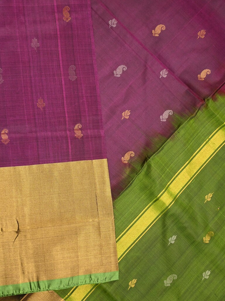 Uppada pattu saree wine color allover zari motifs & long kaddi border with contrast pallu and contrast blouse