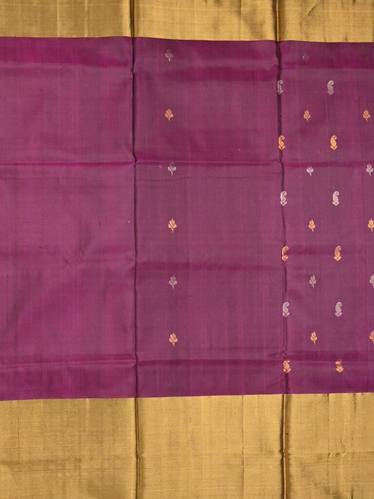 Uppada pattu saree wine color allover zari motifs & long kaddi border with contrast pallu and contrast blouse