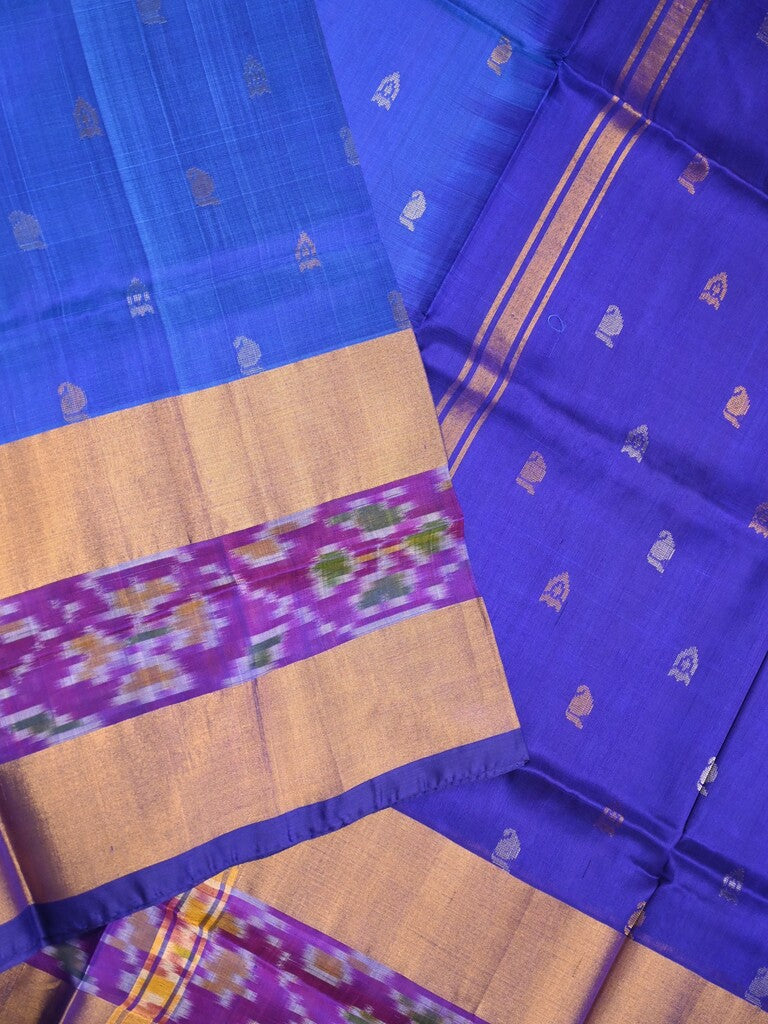 Uppada pattu saree blue color allover zari motifs & ikkat border with contrast pallu and contrast blouse