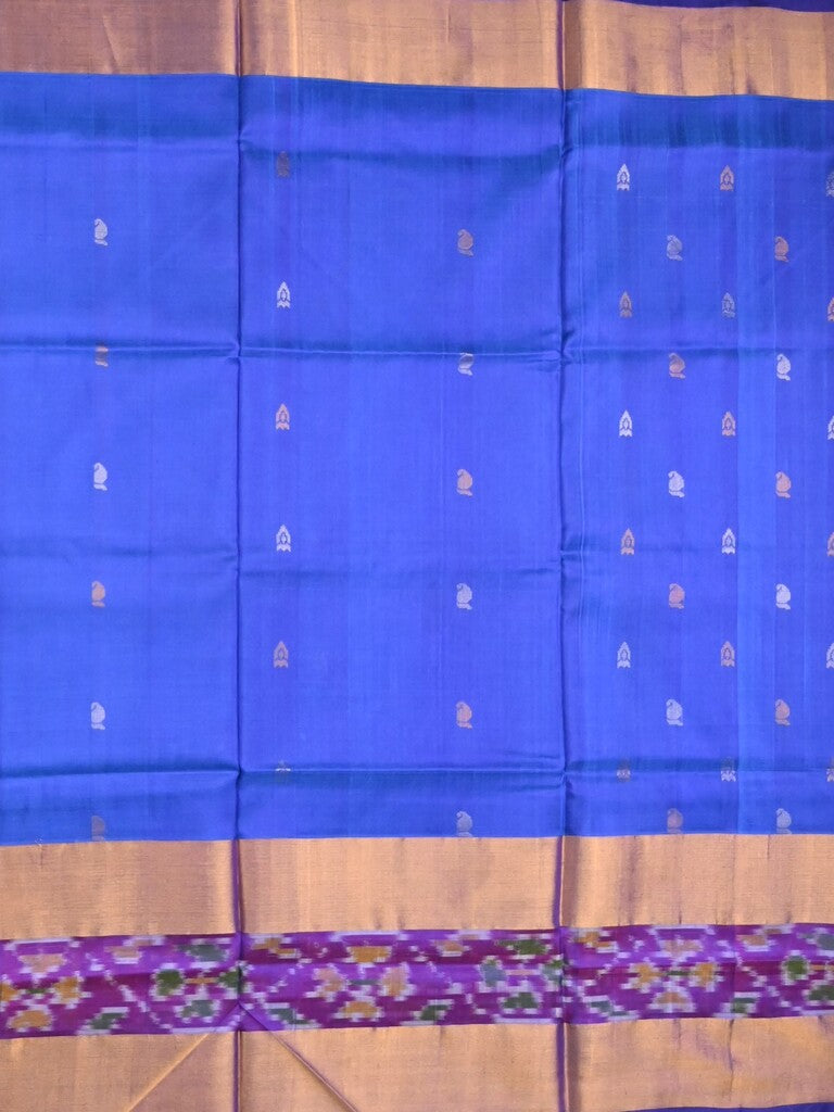 Uppada pattu saree blue color allover zari motifs & ikkat border with contrast pallu and contrast blouse