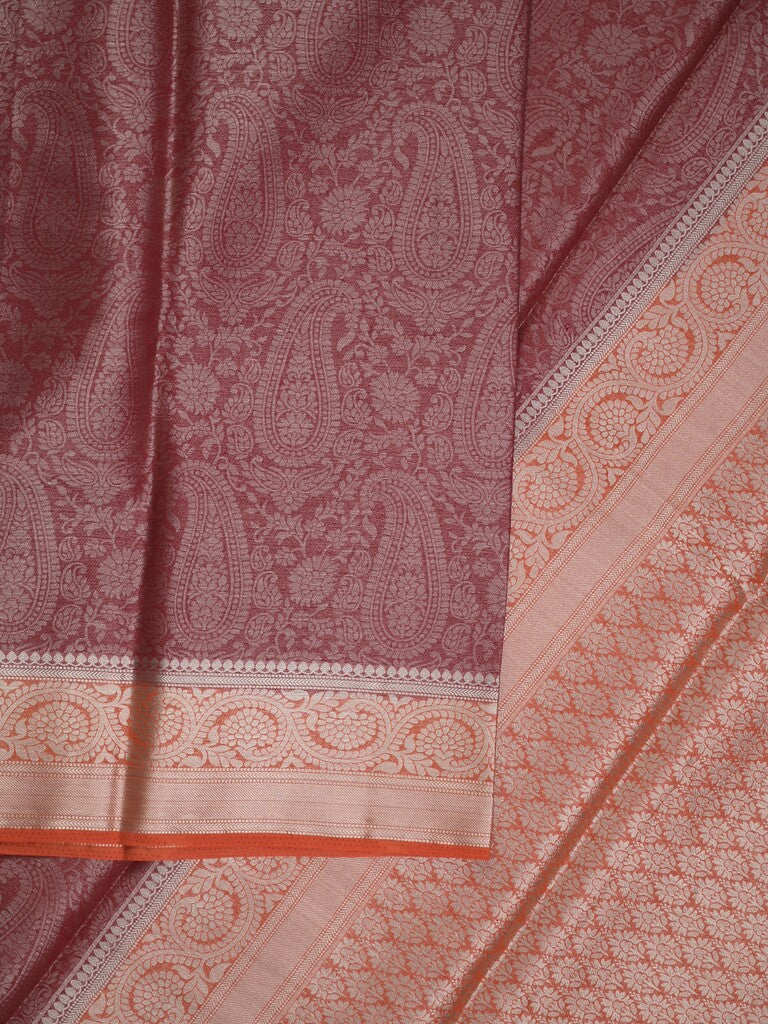 Georgette fancy saree brown color allover weaves & zari border with rich pallu and plain blouse