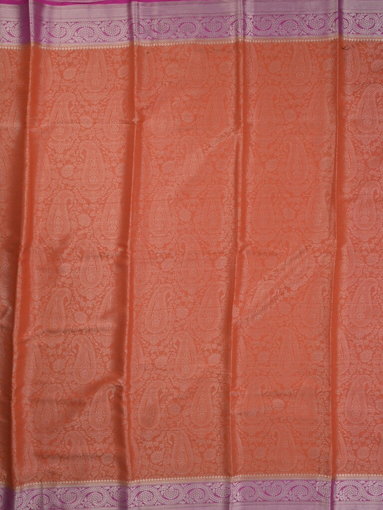 Georgette fancy saree orange color allover weaves & zari border with rich pallu and plain blouse
