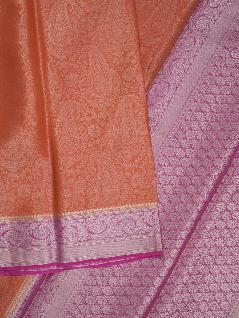 Georgette fancy saree orange color allover weaves & zari border with rich pallu and plain blouse