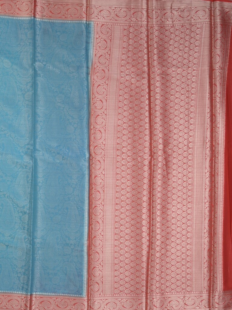 Georgette fancy saree sky blue color allover weaves & zari border with rich pallu and plain blouse