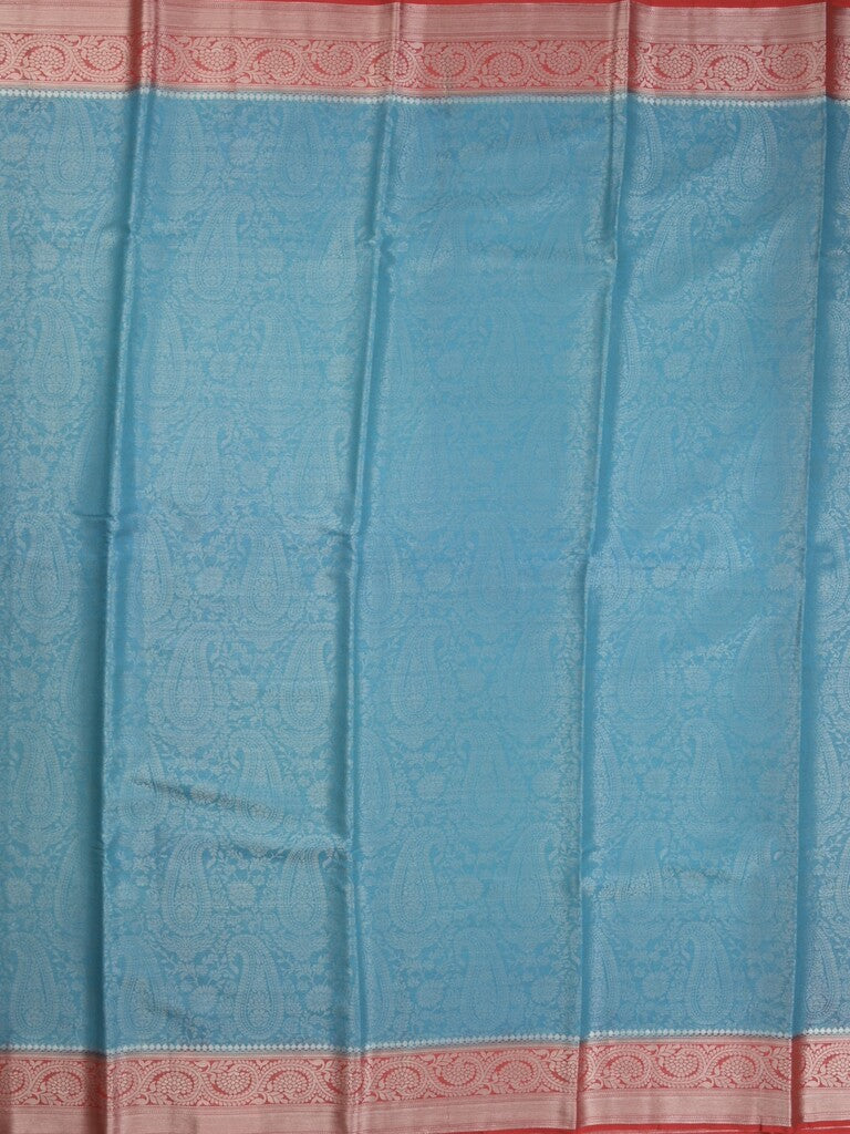 Georgette fancy saree sky blue color allover weaves & zari border with rich pallu and plain blouse