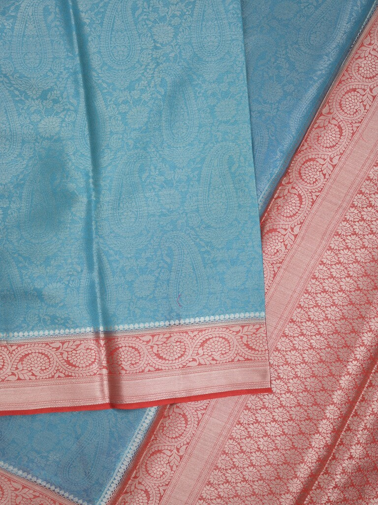 Georgette fancy saree sky blue color allover weaves & zari border with rich pallu and plain blouse