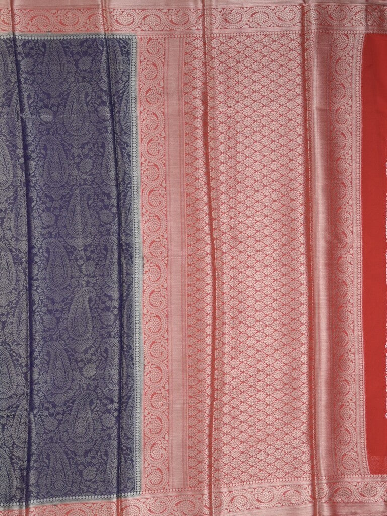 Georgette fancy saree navy blue color allover weaves & zari border with rich pallu and plain blouse