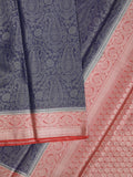 Georgette fancy saree navy blue color allover weaves & zari border with rich pallu and plain blouse