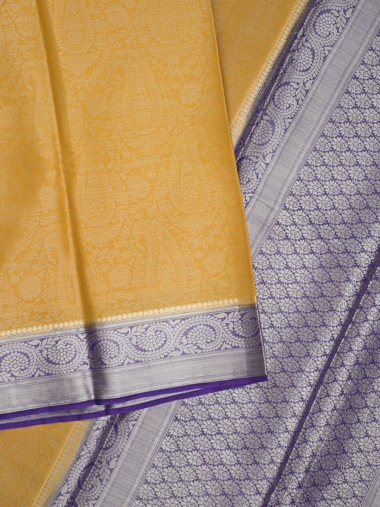 Georgette fancy saree golden yellow color allover weaves & zari border with rich pallu and plain blouse