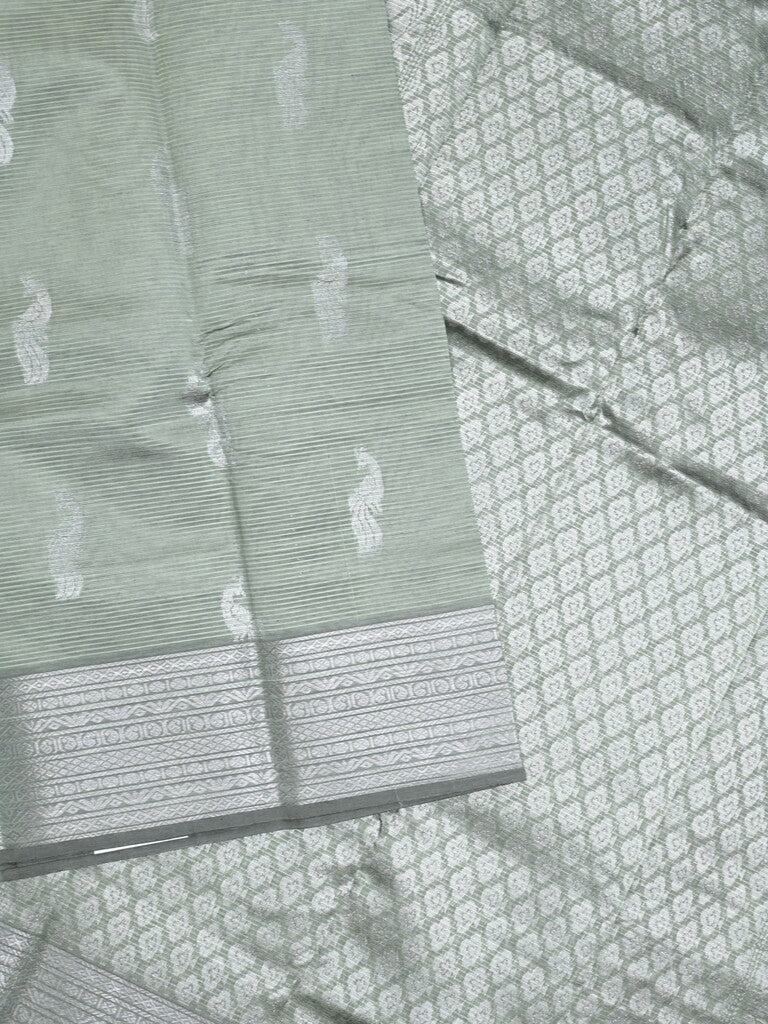 Mangalagiri fancy saree light grey color allover zari motifs & zari border with rich pallu and plain blouse