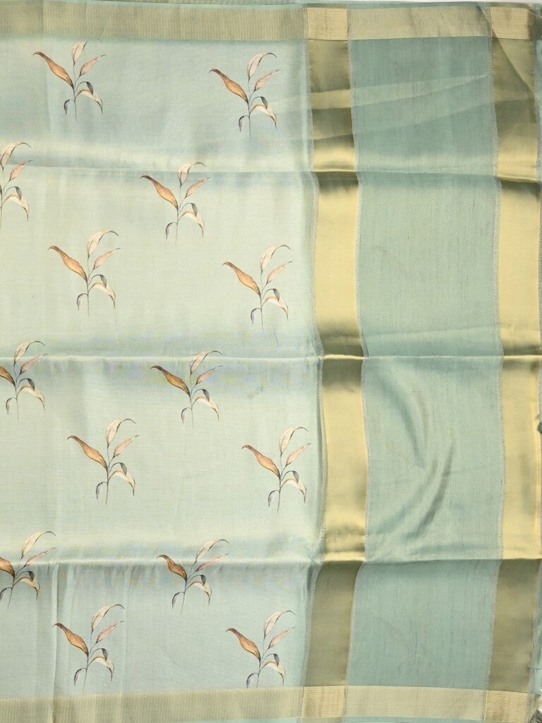 Jute tissue fancy saree pastel blue color allover prints & small zari border with self pallu and printed blouse