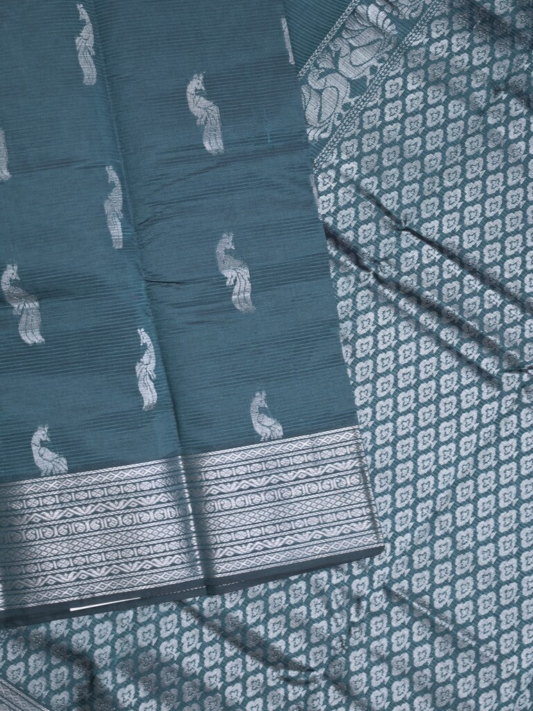 Mangalagiri fancy saree grey color allover zari motifs & zari border with rich pallu and plain blouse