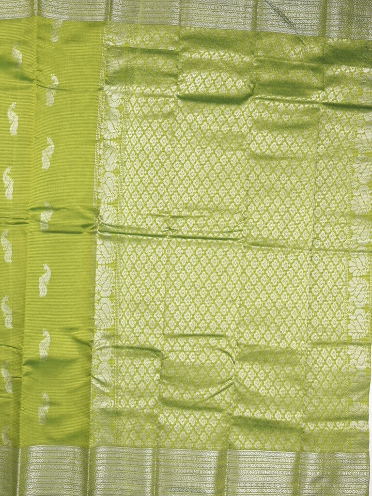Mangalagiri fancy saree parrot green color allover zari motifs & zari border with rich pallu and plain blouse