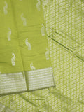 Mangalagiri fancy saree parrot green color allover zari motifs & zari border with rich pallu and plain blouse