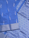 Mangalagiri fancy saree sky blue color allover zari motifs & zari border with rich pallu and plain blouse