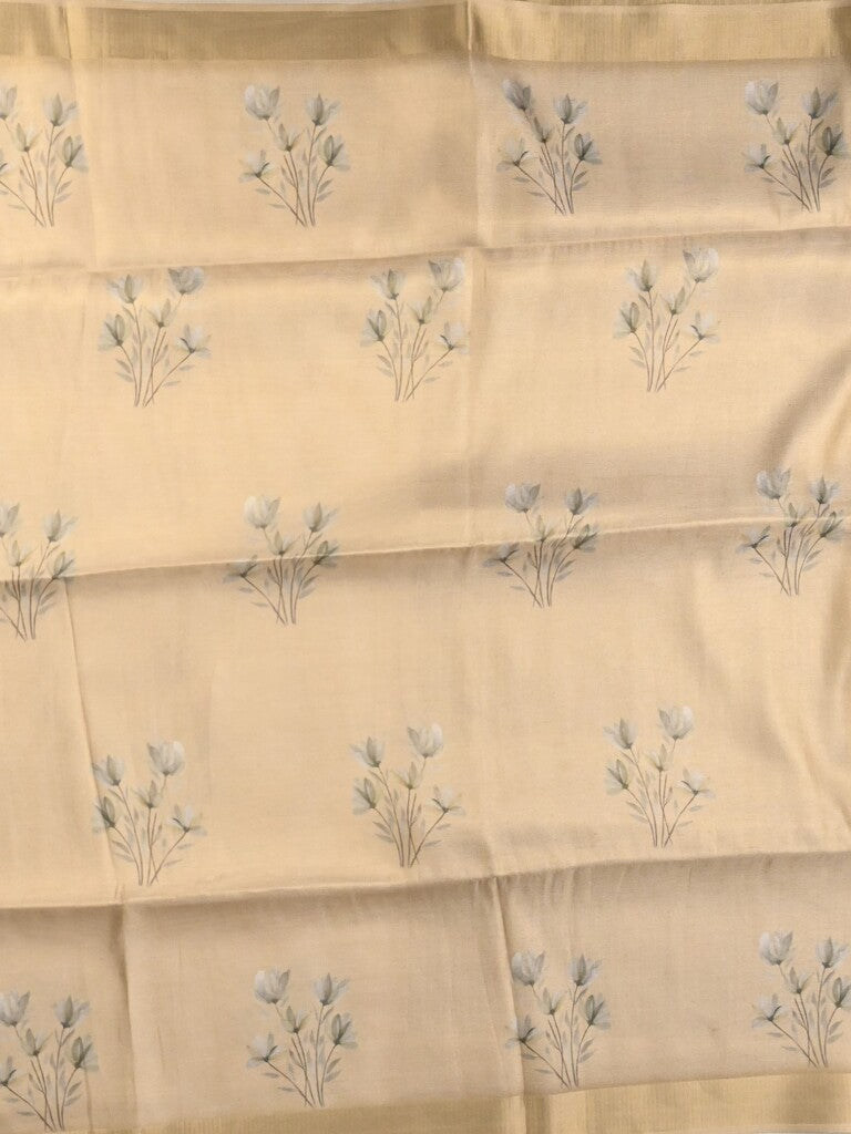 Jute tissue fancy saree cream color allover prints & small zari border with self pallu and printed blouse