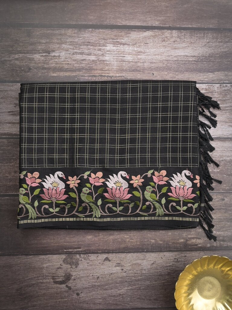 Tussar fancy saree allover checks with embroidery border and attached blouse