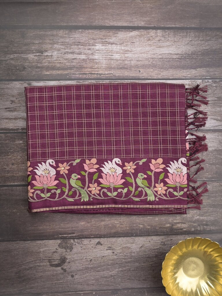 Tussar fancy saree allover checks with embroidery border and attached blouse