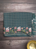 Tussar fancy saree allover checks with embroidery border and attached blouse