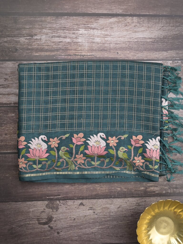 Tussar fancy saree allover checks with embroidery border and attached blouse