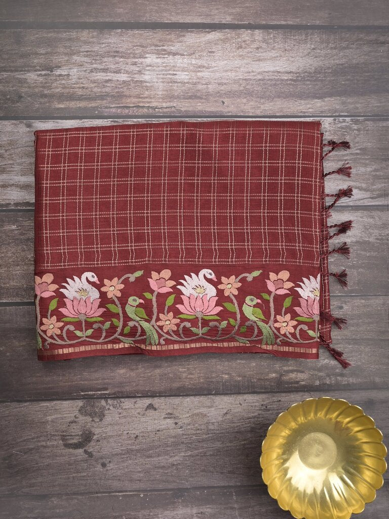 Tussar fancy saree allover checks with embroidery border and attached blouse
