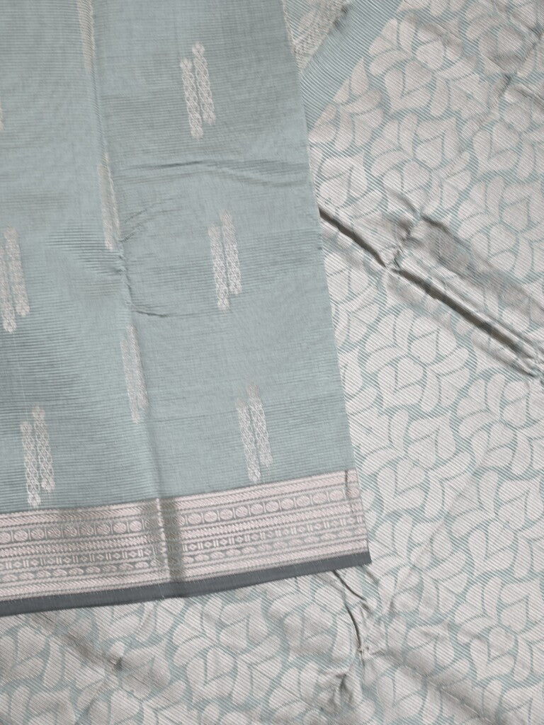 Mangalagiri fancy saree light grey color allover zari motifs & zari border with rich pallu and plain blouse