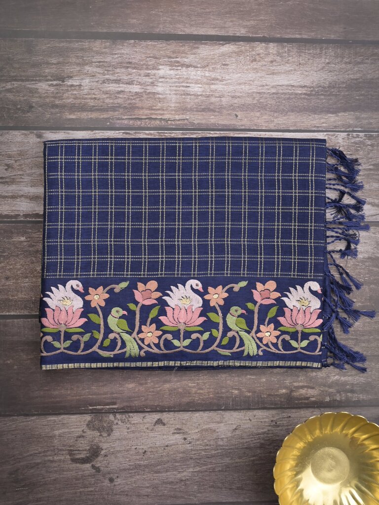 Tussar fancy saree allover checks with embroidery border and attached blouse