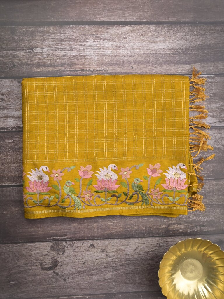 Tussar fancy saree allover checks with embroidery border and attached blouse