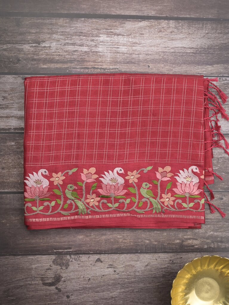 Tussar fancy saree allover checks with embroidery border and attached blouse